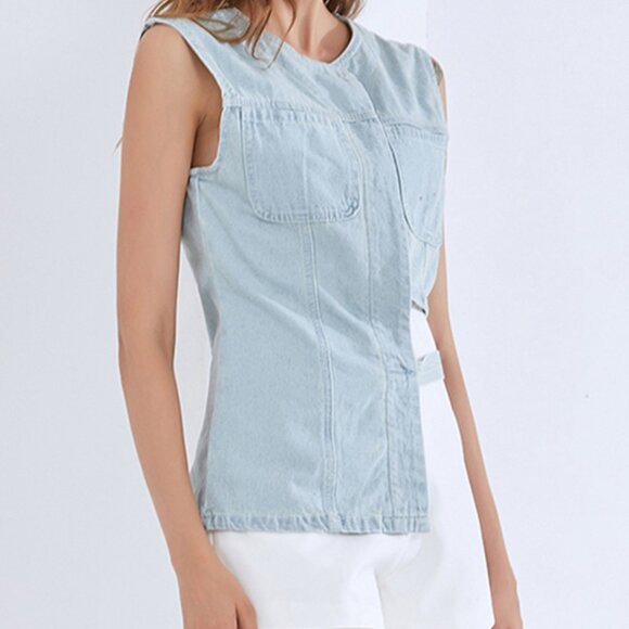 Cutout Sleeveless Denim Vest Jacket With Half Tie Belt - Picture 5 of 6
